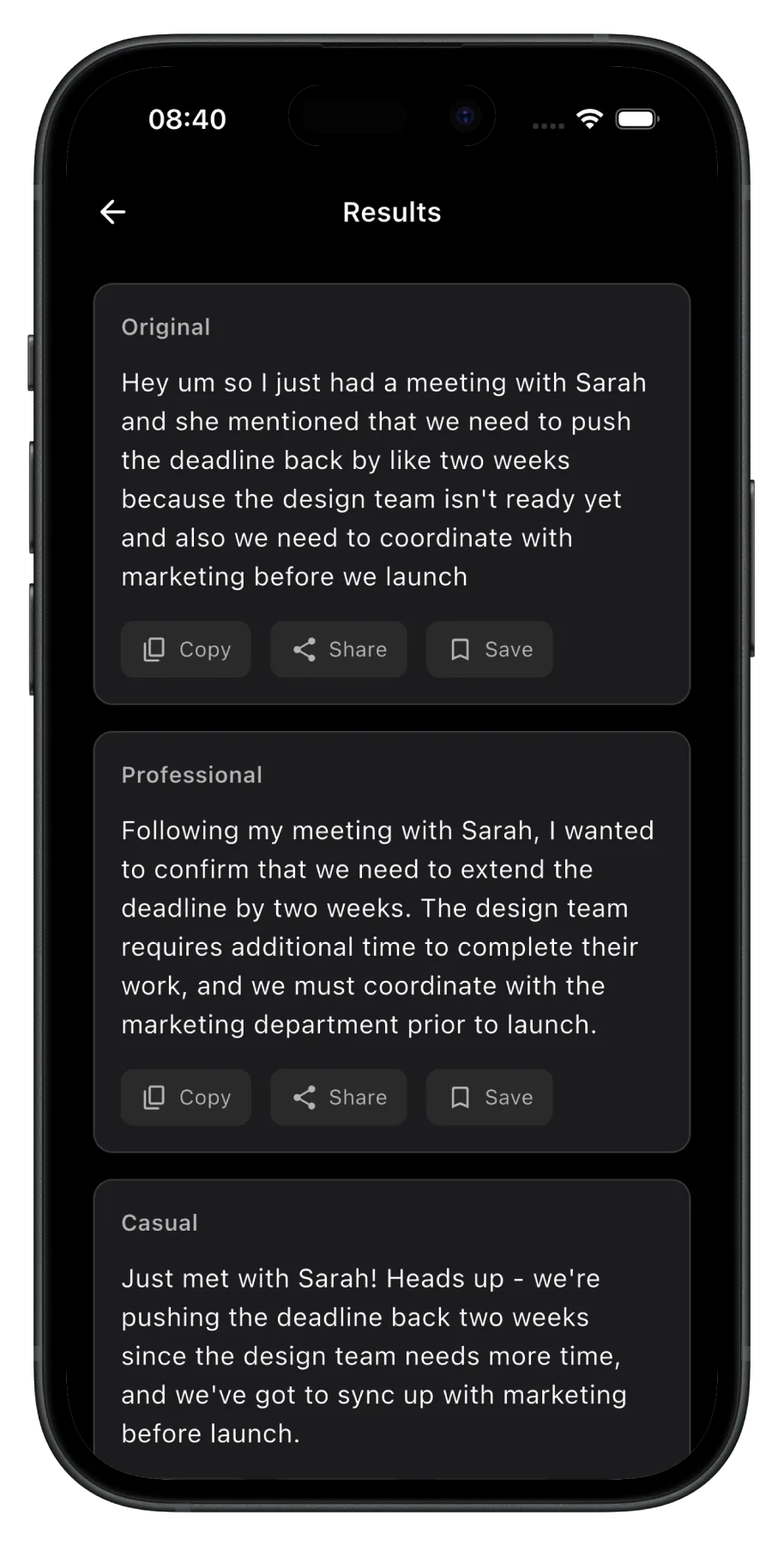 AI-polished text results