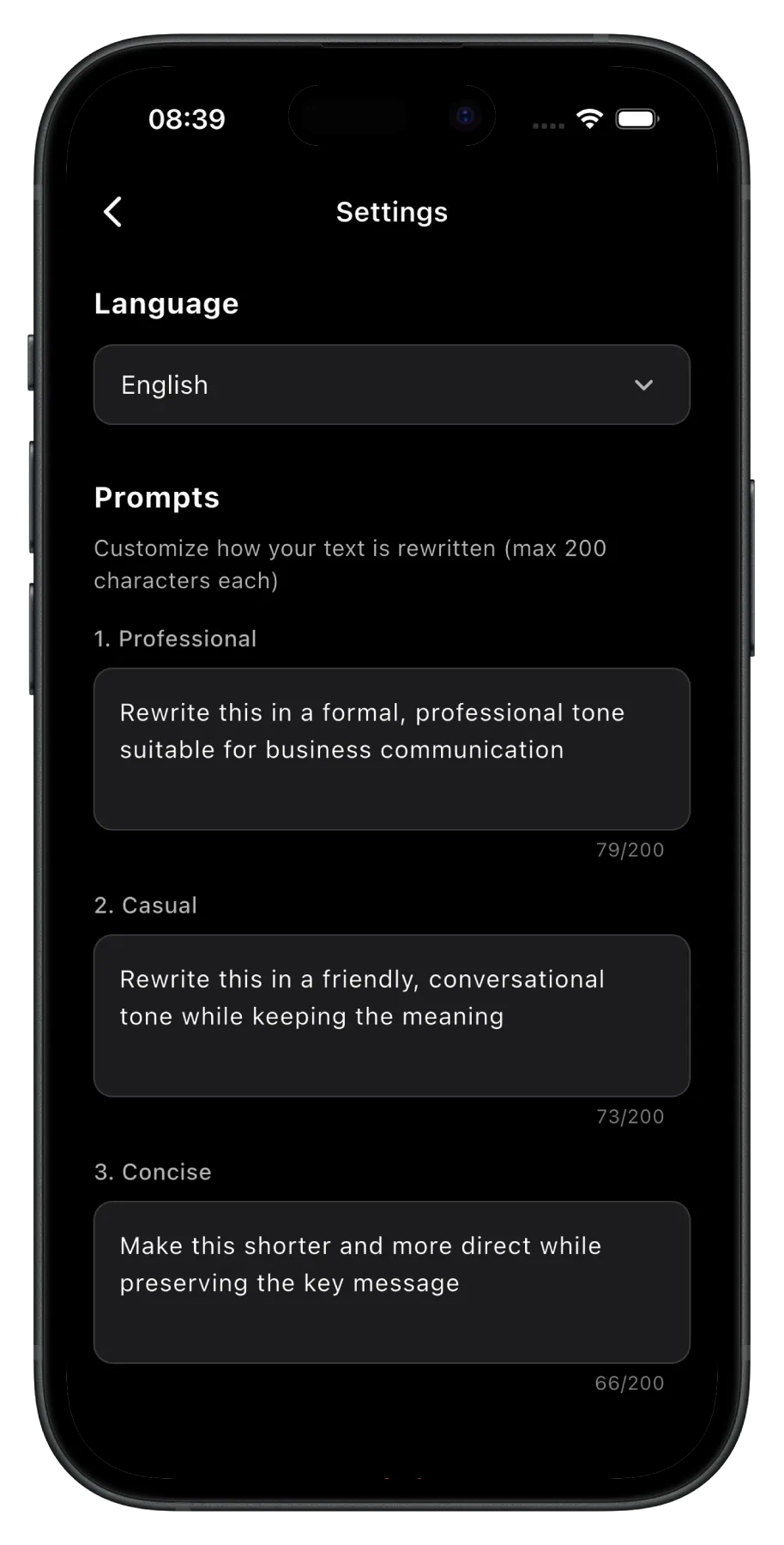 Customizable settings